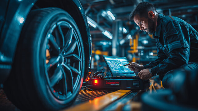 Auto electrician working on a vehicle in the workshop